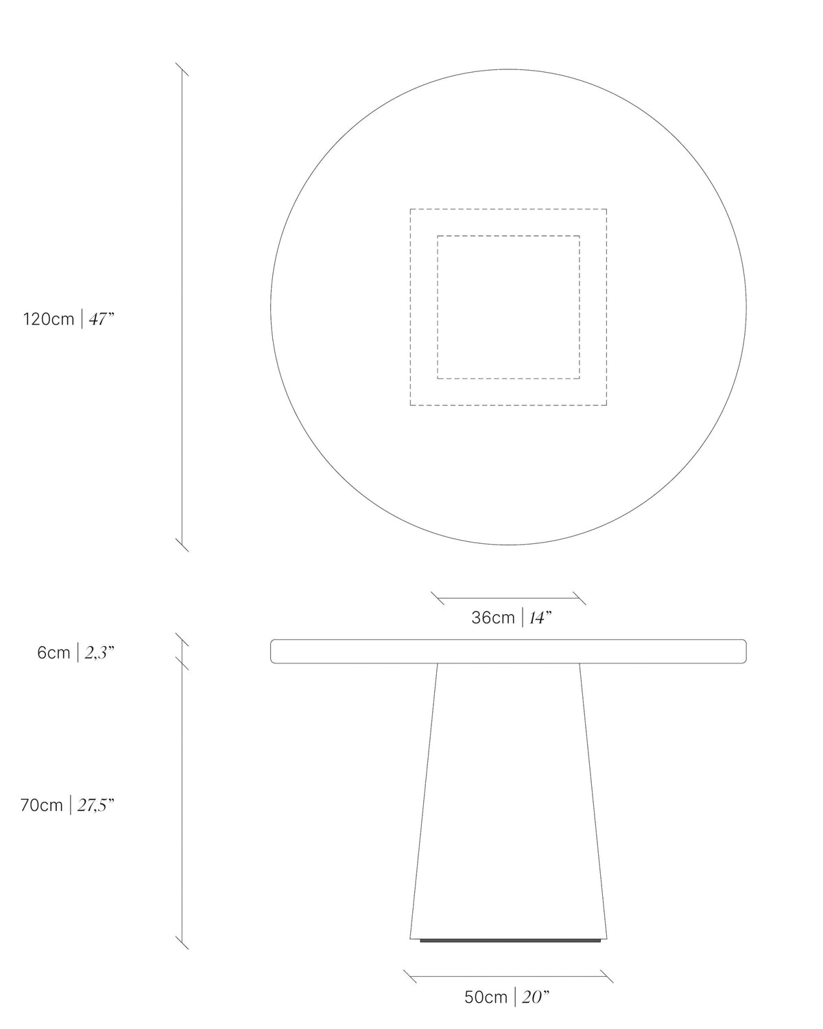 Round Stainless Steel Table — top view with dimensions and design details