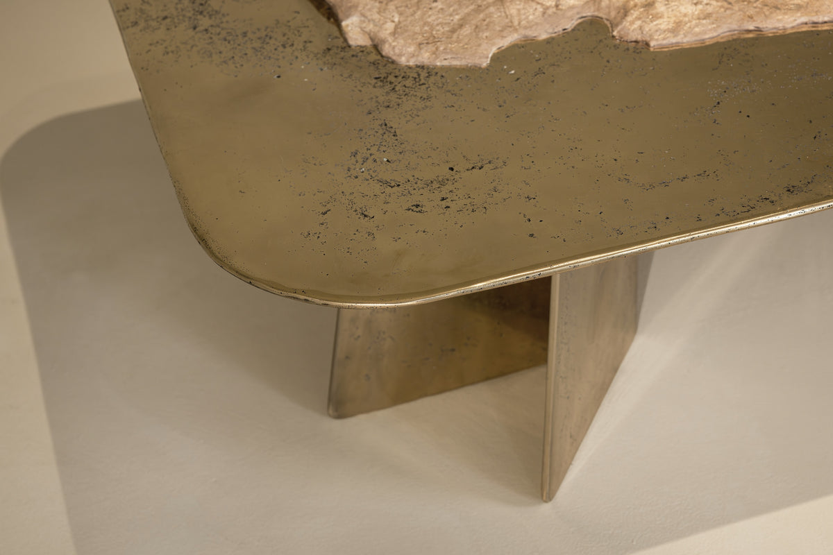 ACROPOLIS Sculptural Coffee Table - Brass and Travertine and Resin Coffee Table — detail view
