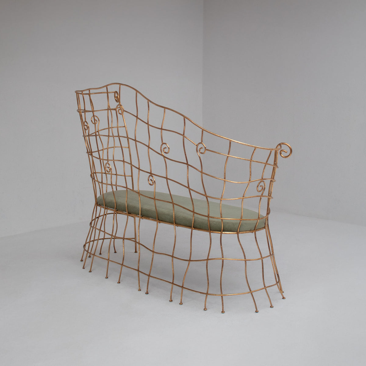 Sculptural Gilt Metal Bench with Green Upholstery — additional view