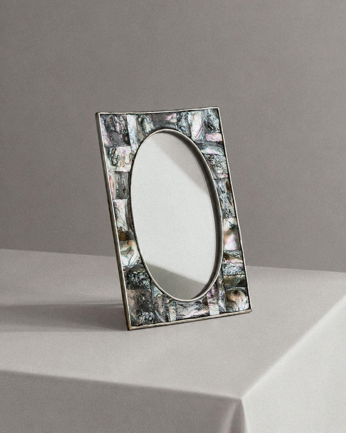 Vintage 1950s Alpaca Silver Picture Frame, Mother of Pearl Details with Oval Photo Opening, Elegant Table Accent, Timeless Gift Idea by Bottega Jacobs