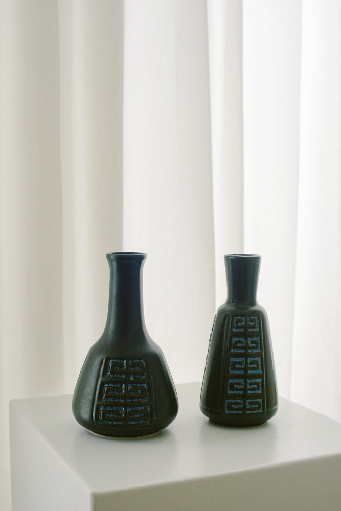 Danish Black Geometric Pottery Vase — side angle showing textured surface