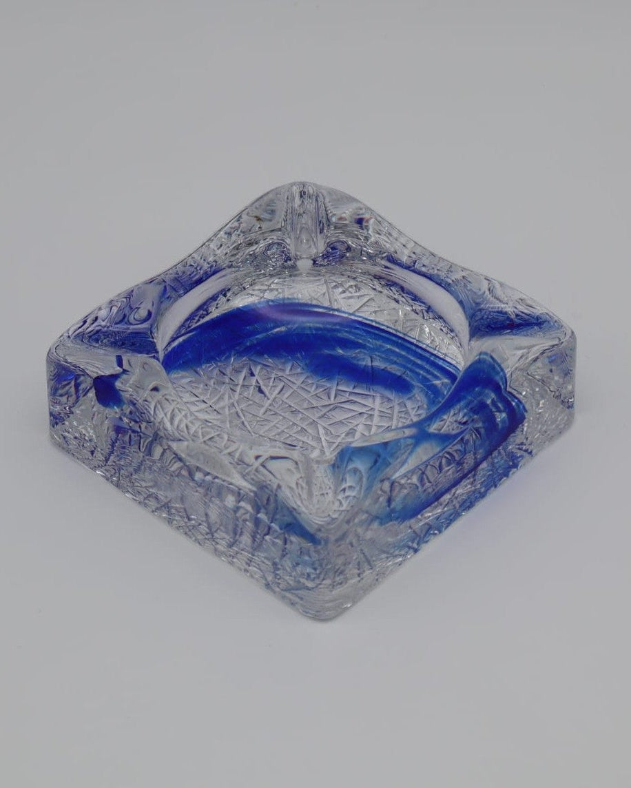 Kristalunie Maastricht crystal glass ashtray with blue swirl