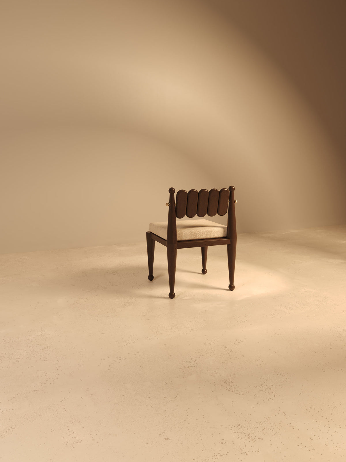 Simorgh III walnut chair with oval slat backrest on neutral backdrop