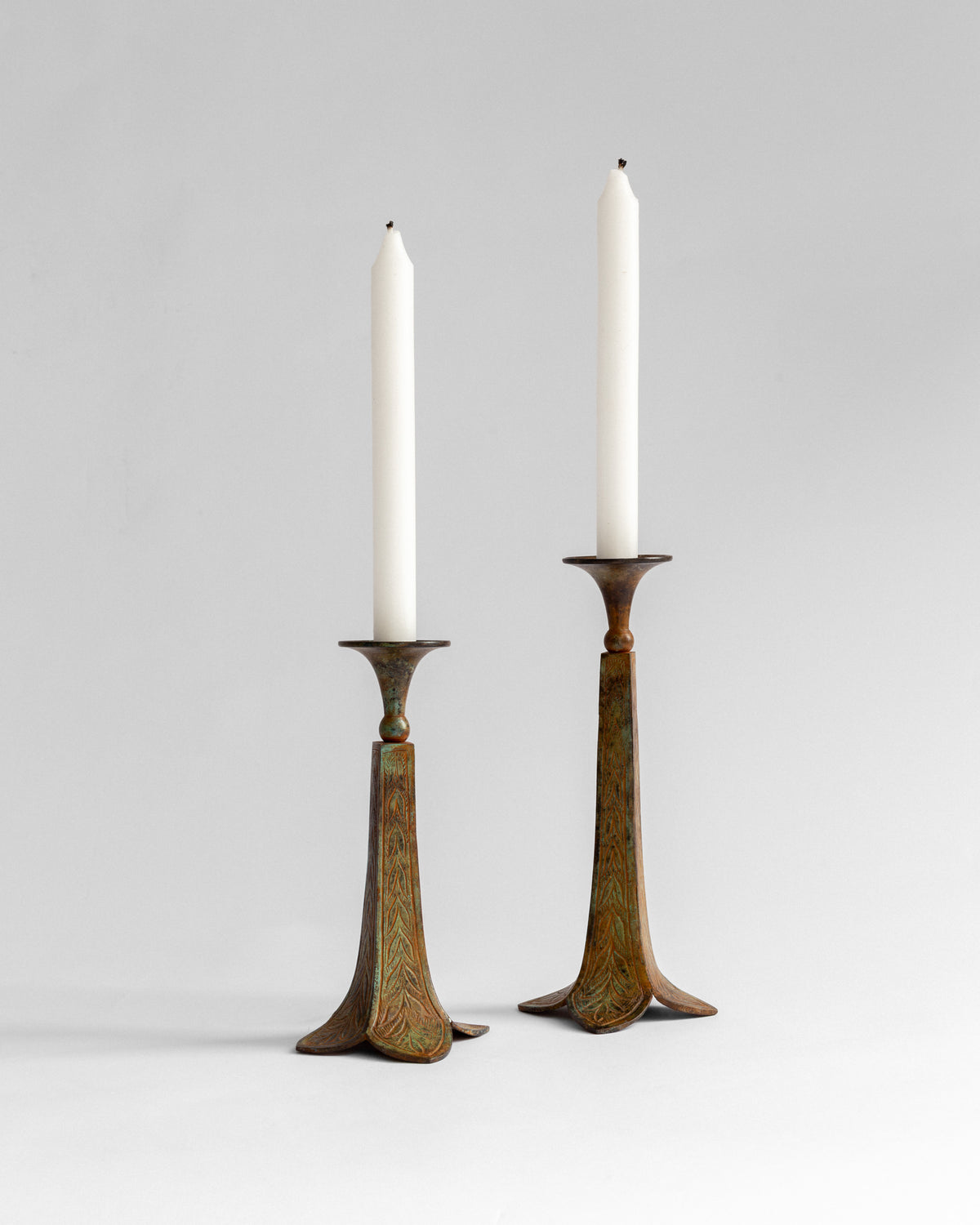 Pair of Sculptural Bronze Candlesticks/Vases with Patina by Spigel | The Oblist