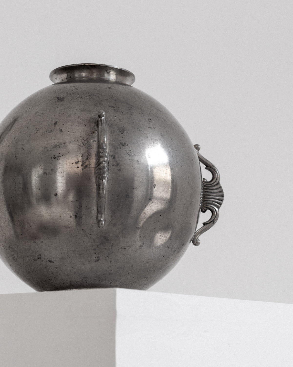 Spherical Art Deco Pewter Vase by C.G. Hallberg, 1934 — top view showing polished pewter surface
