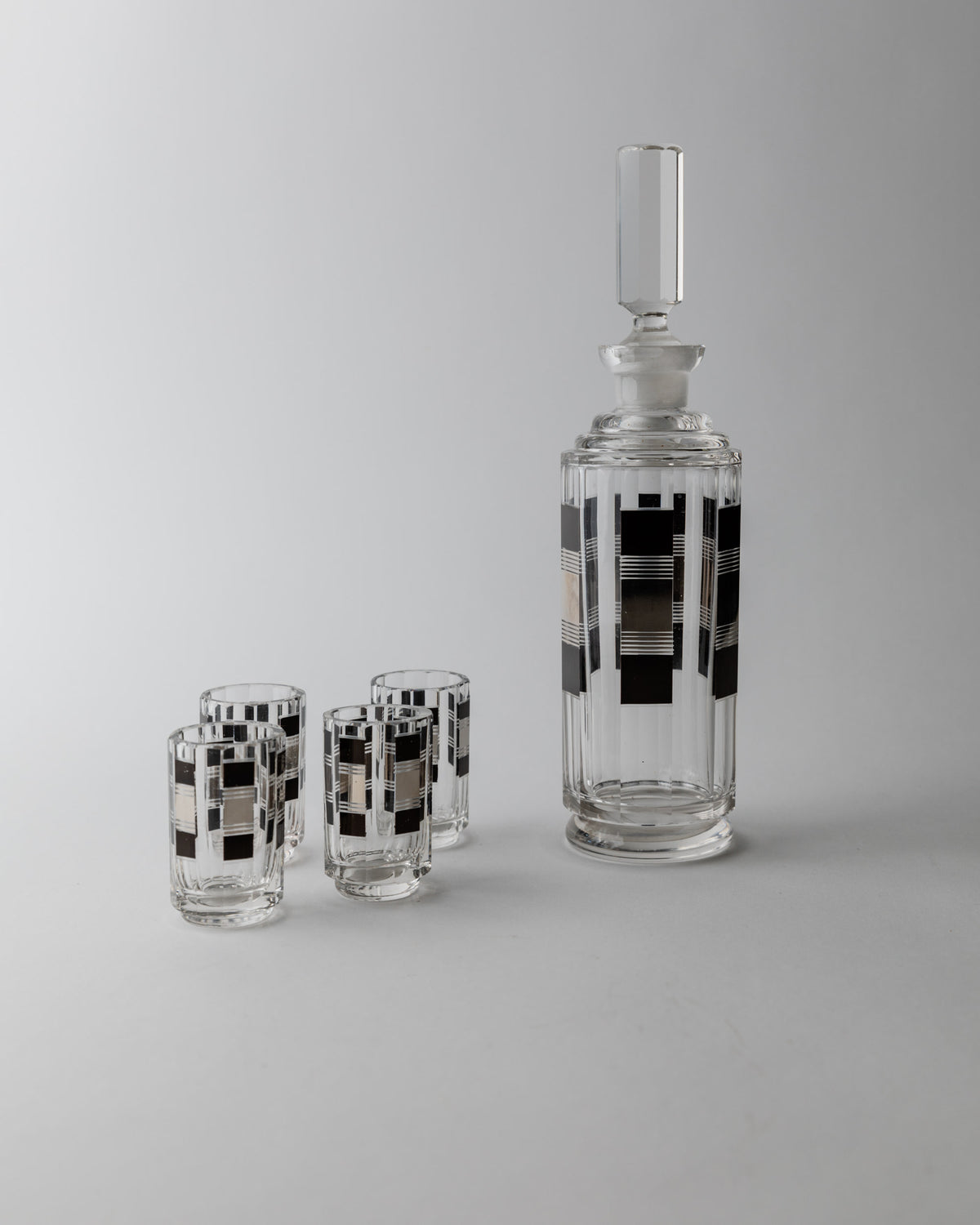 Liqueur Set Art Deco by Karl Palda 1930s — close-up of glass decanter and shot glasses