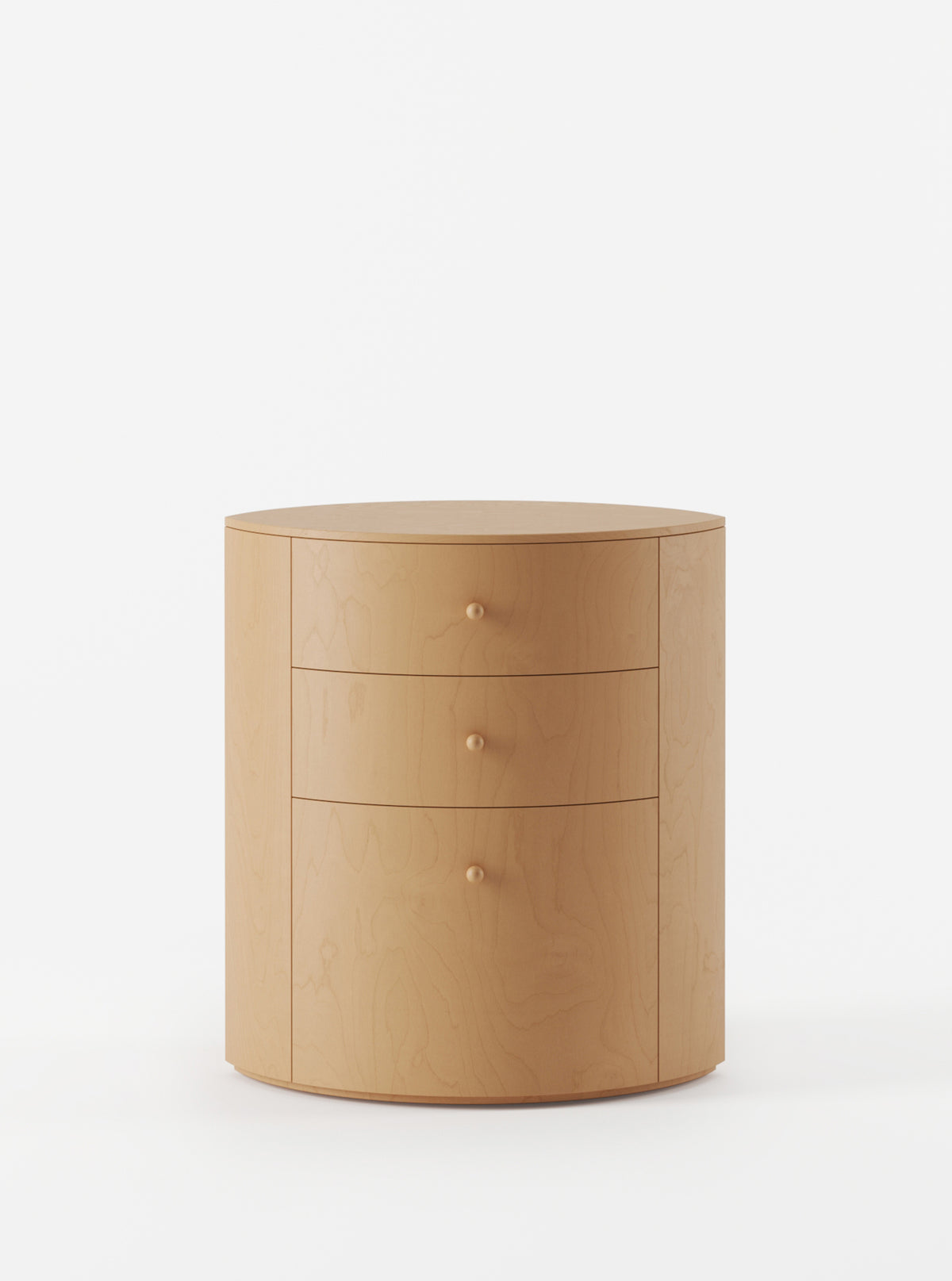 Observer cylindrical nightstand in natural birch with three drawers