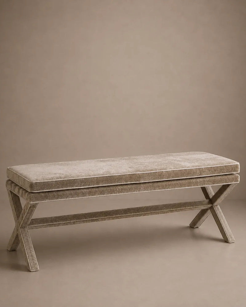 Marcel Double X Bench upholstered in taupe Movida fabric with X-base legs