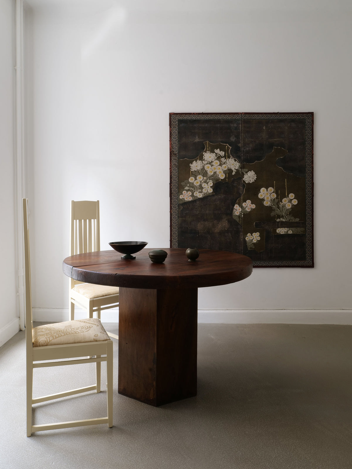 Jugend Swedish accent chairs styled with round walnut table