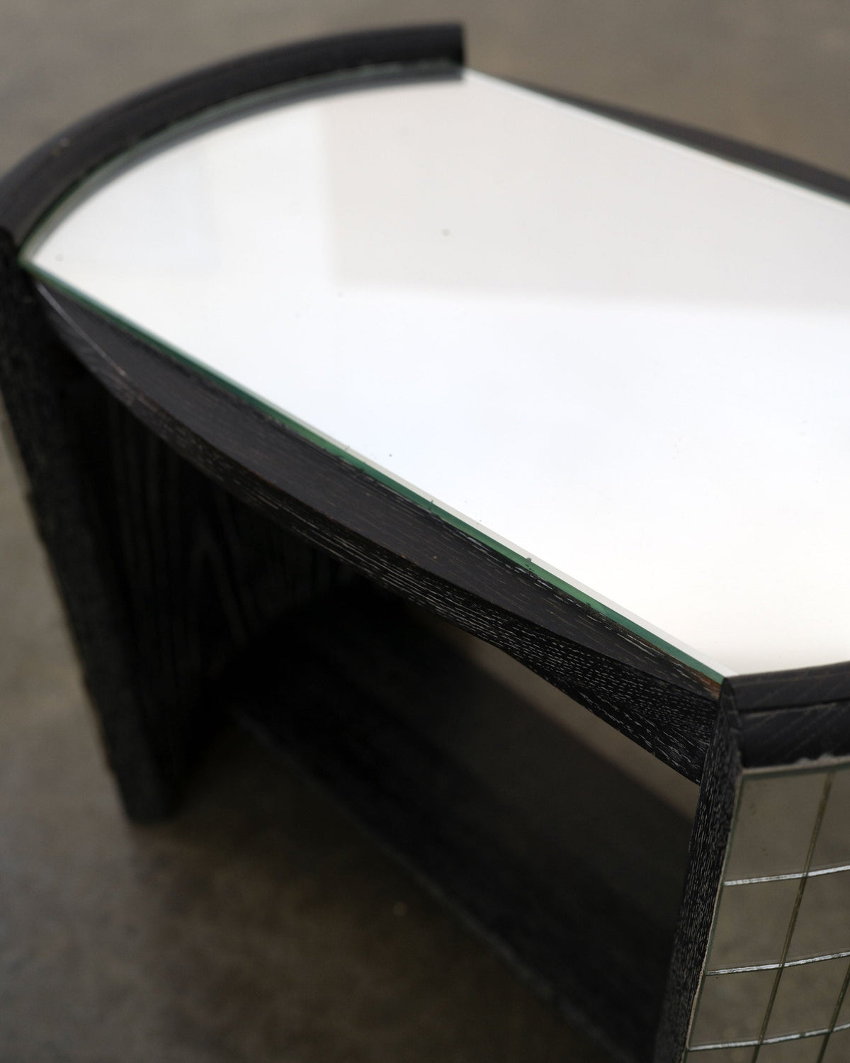 Ebonised Modernist Oak and Mirror Mosaic Side Table — angled view highlighting mirrored top