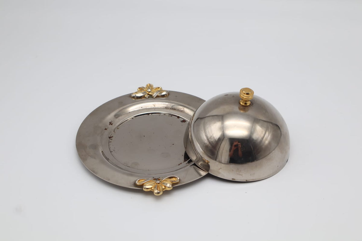 Vintage Silver-Plated Cloche with Gold Ribbon Accents – Circa 1970 — side angle