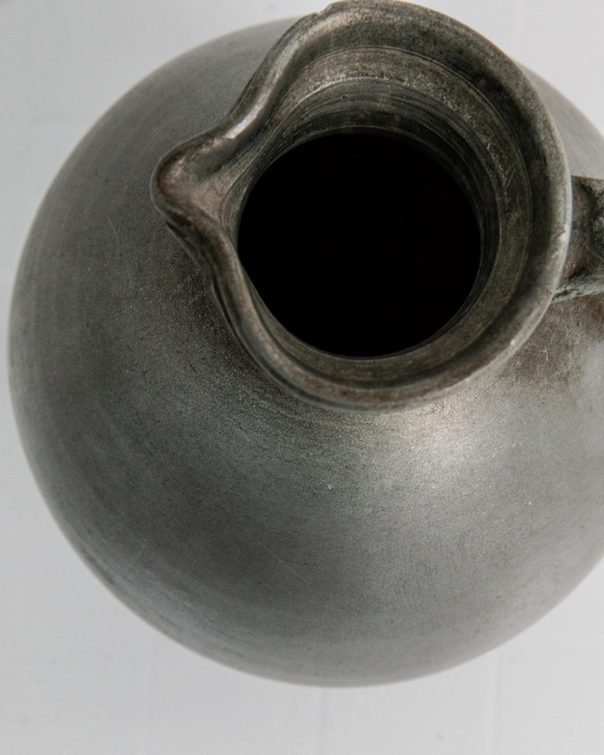Vintage 1960s Studio Ceramic Vase with Handle, Large Rounded Form with Silver Glaze, Timeless Design, handmade Pottery, Elegant Gift Idea — close-up