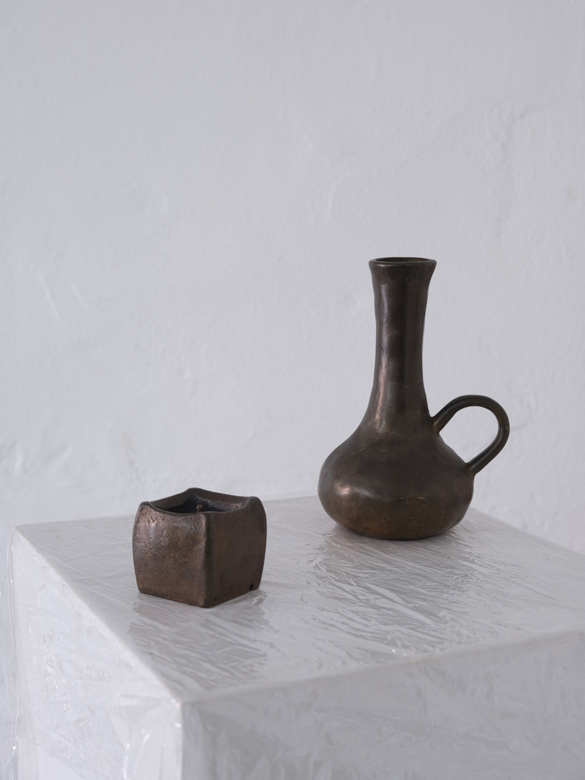 Brutalist Cast Bronze Candle Holder & Vase Set, 1970s by Veter Vintage | The Oblist — handcrafted bronze finish