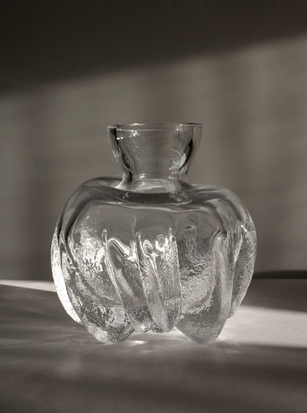 Large crystal glass vase with textured ridged body by Lars Hellsten