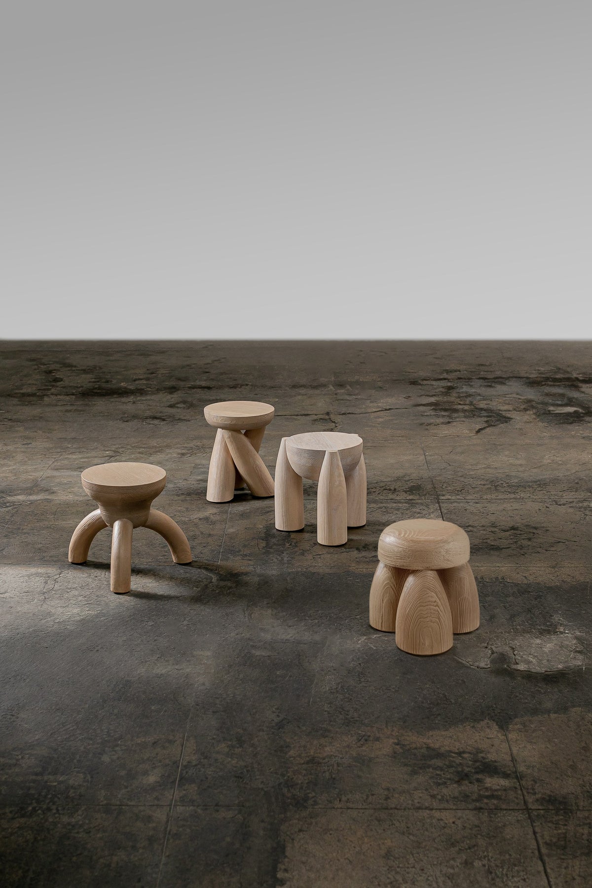 Solid Wood Set of Four Stools - ELEMENTOS by Daniel Couttolenc, Natural Finish — side angle