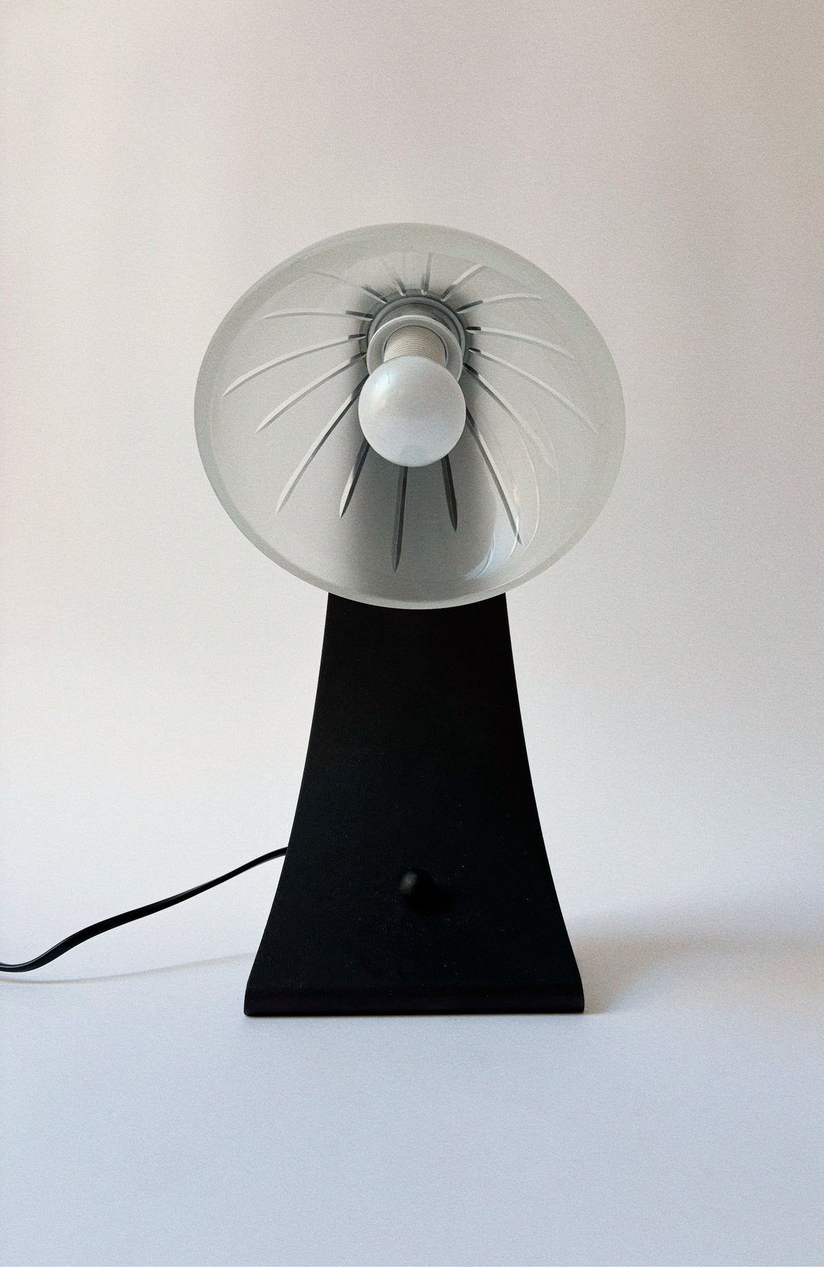 Arched Metal and Glass Lamp, Italy c. 1990’s - 2000’s — front view highlighting glass shade and black base
