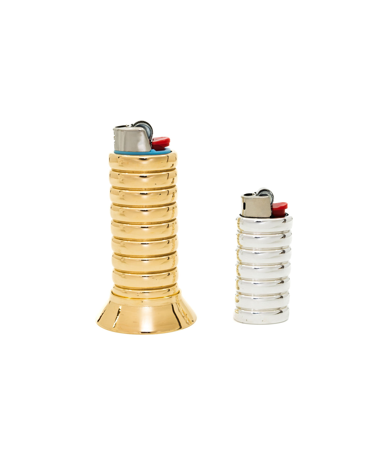 Gio Mini Lighter Holder — side view of gold and silver finishes