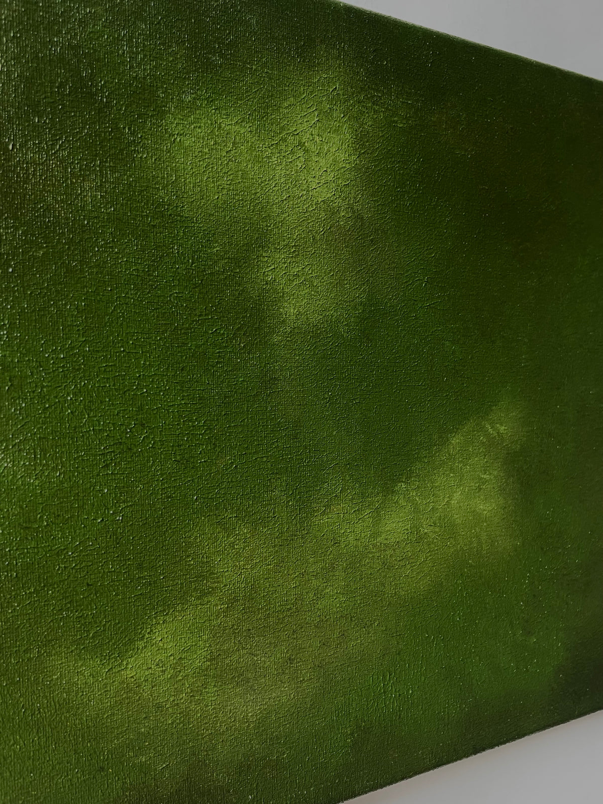 Oil painting by Aimée Adriaansen, Everlude III (2025) — angled view of textured green canvas