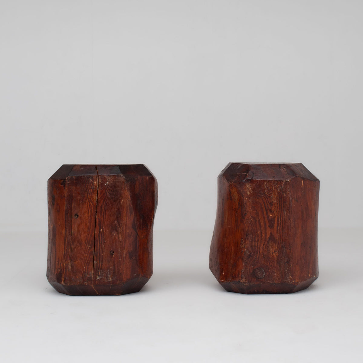 Sculptural Solid Wood Stools – Pair of Two Primitive Blocks — detail view
