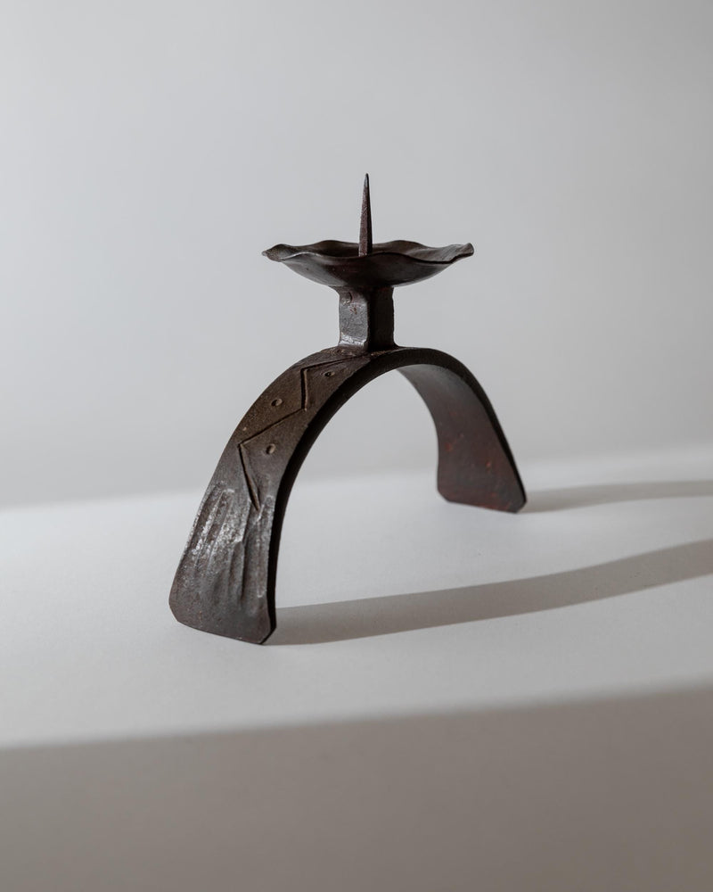 Vintage 1960s Hand Forged Iron Candle Holder, Sculptural Relief Pattern for Pillar Candle, Rustic Mid Century Metalwork, Elegant Gift Idea — alternate view