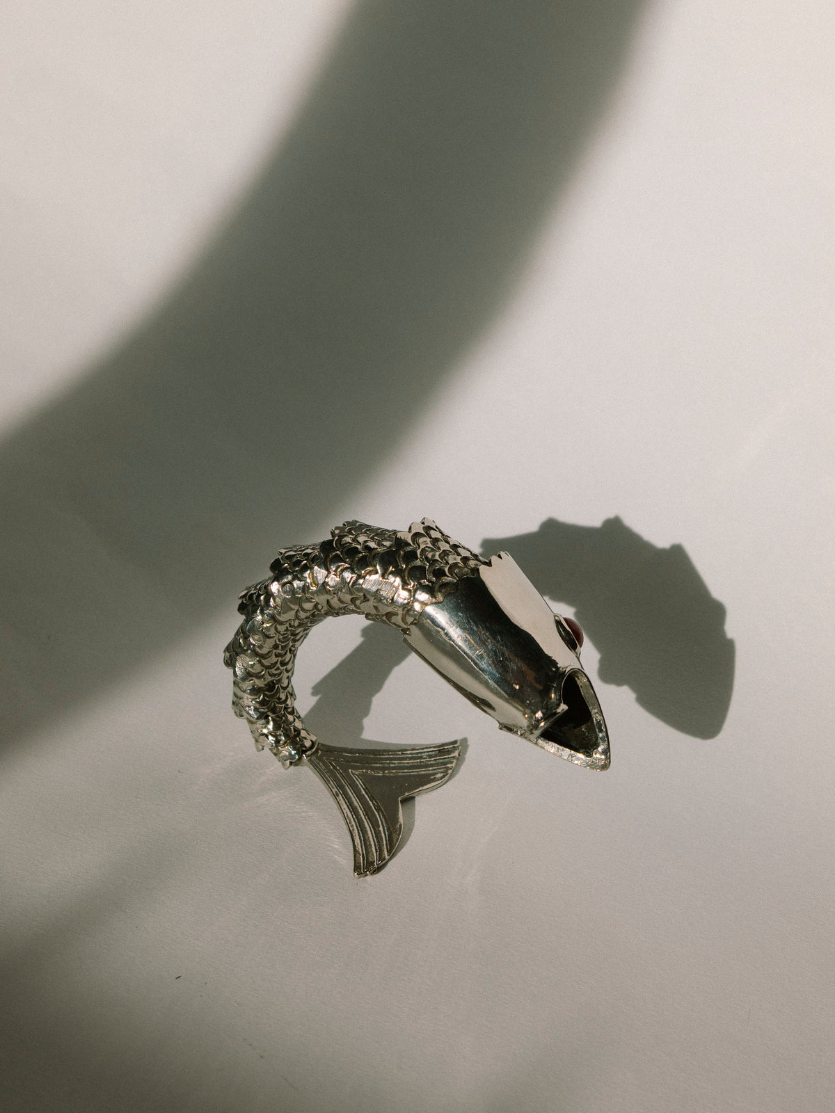 Vintage French Articulated Silver-Plated Fish Bottle Opener c. 1970s — detail view