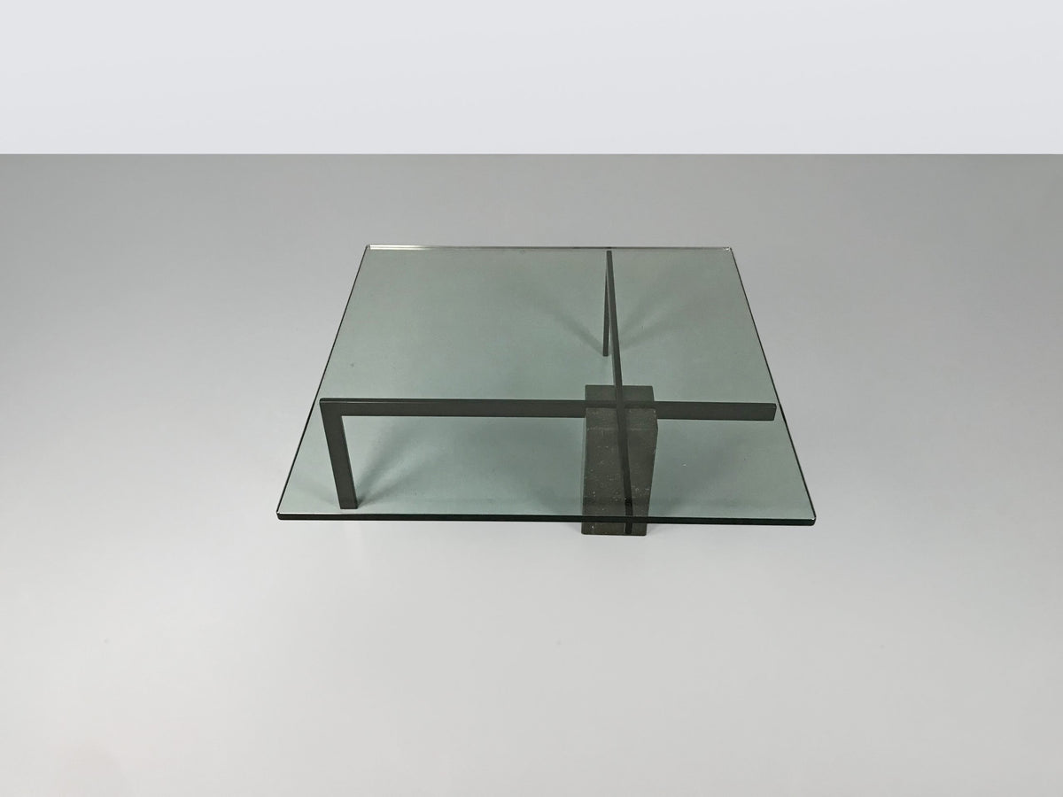 KW1 glass, metal and granite coffee table by Hank Kwint for Metaform 1980s — top view highlighting glass surface and metal fr