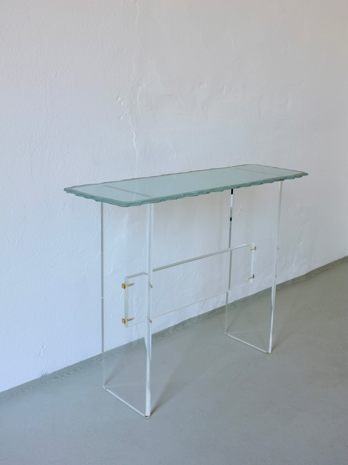 Glass and lucite console table with storage drawer, Italy 1980s