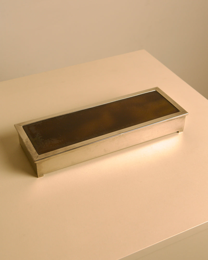 Italian rectangular box in chrome metal, amber faux tortoiseshell lacquer and green velvet by Treaptyque