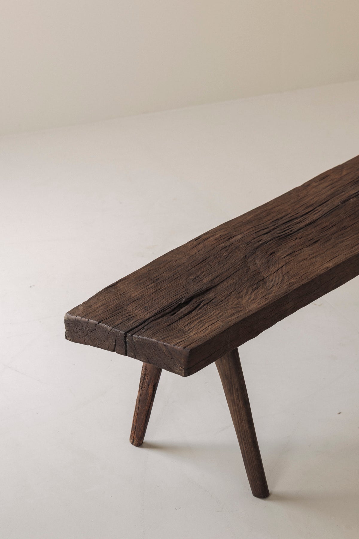 Primitive Rustic Bench in Oak, France, Early 20th Century — close-up