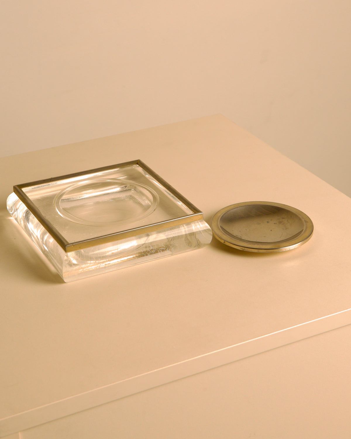 Italian square Plexiglas and metal catch-all tray, 1960s — close-up