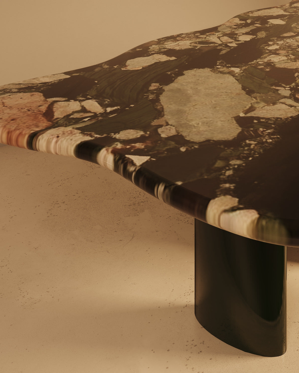 MOJE marble dining table detail showing natural stone veining and curved edge