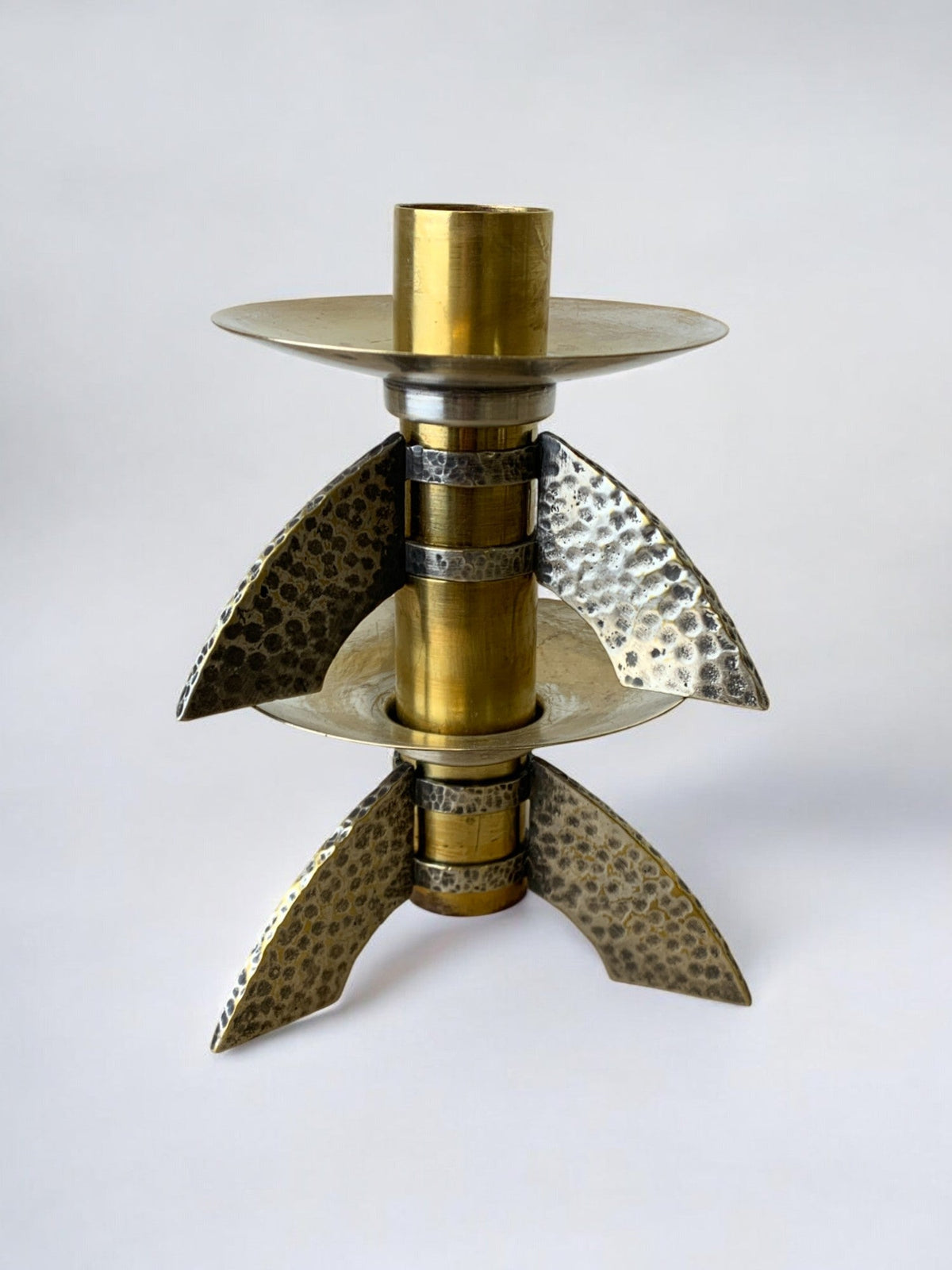 Pair of Brutalist candlesticks in brass, Denmark, 1970's — detail view