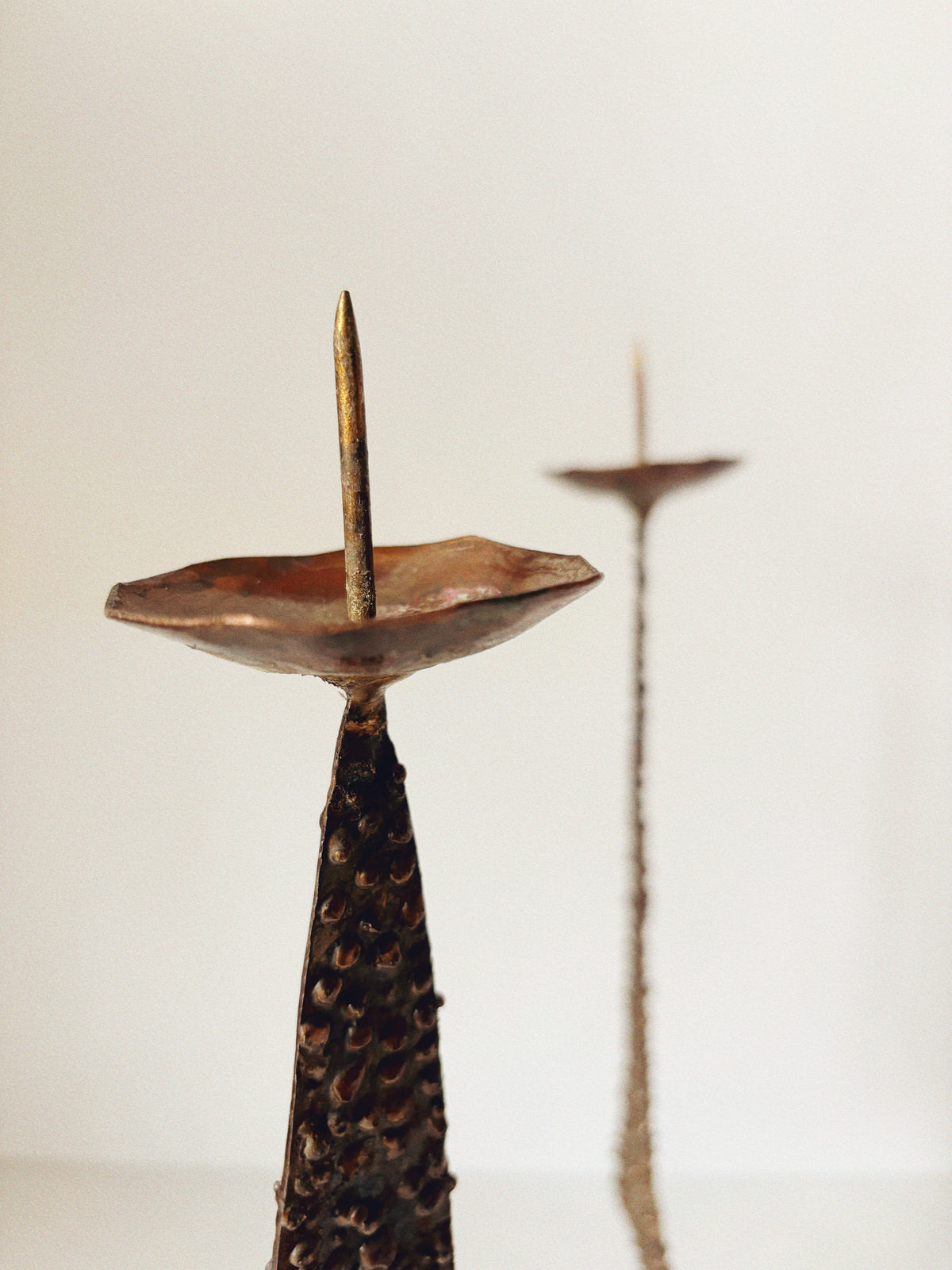 Large Brutalist Molten Metal Geometric Metal Candlestick, Poland Mid Century — side angle