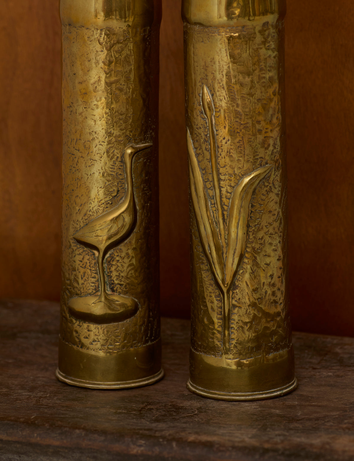 Set of 2 Vintage Vases in Metal Brass — close-up of textured brass with engraved designs