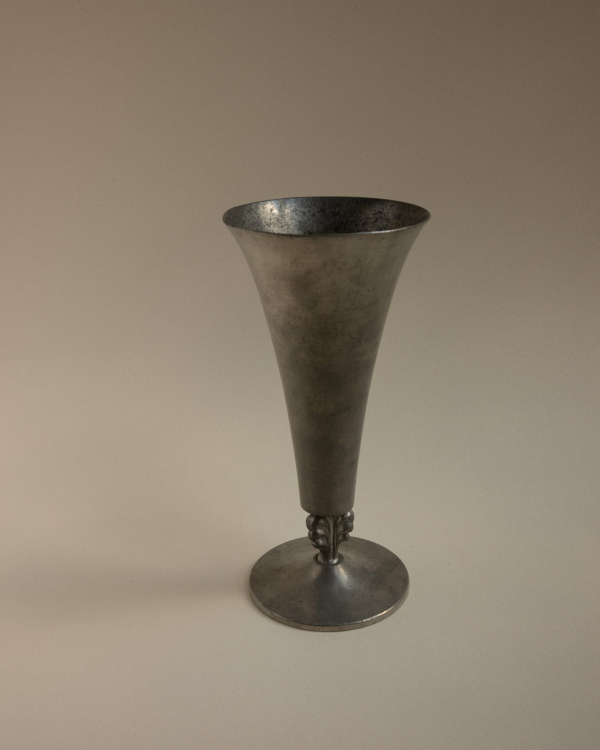 1935 GAB Tenn Swedish Grace Pewter Trumpet Vase with Sculpted Acanthus Stem — detail view