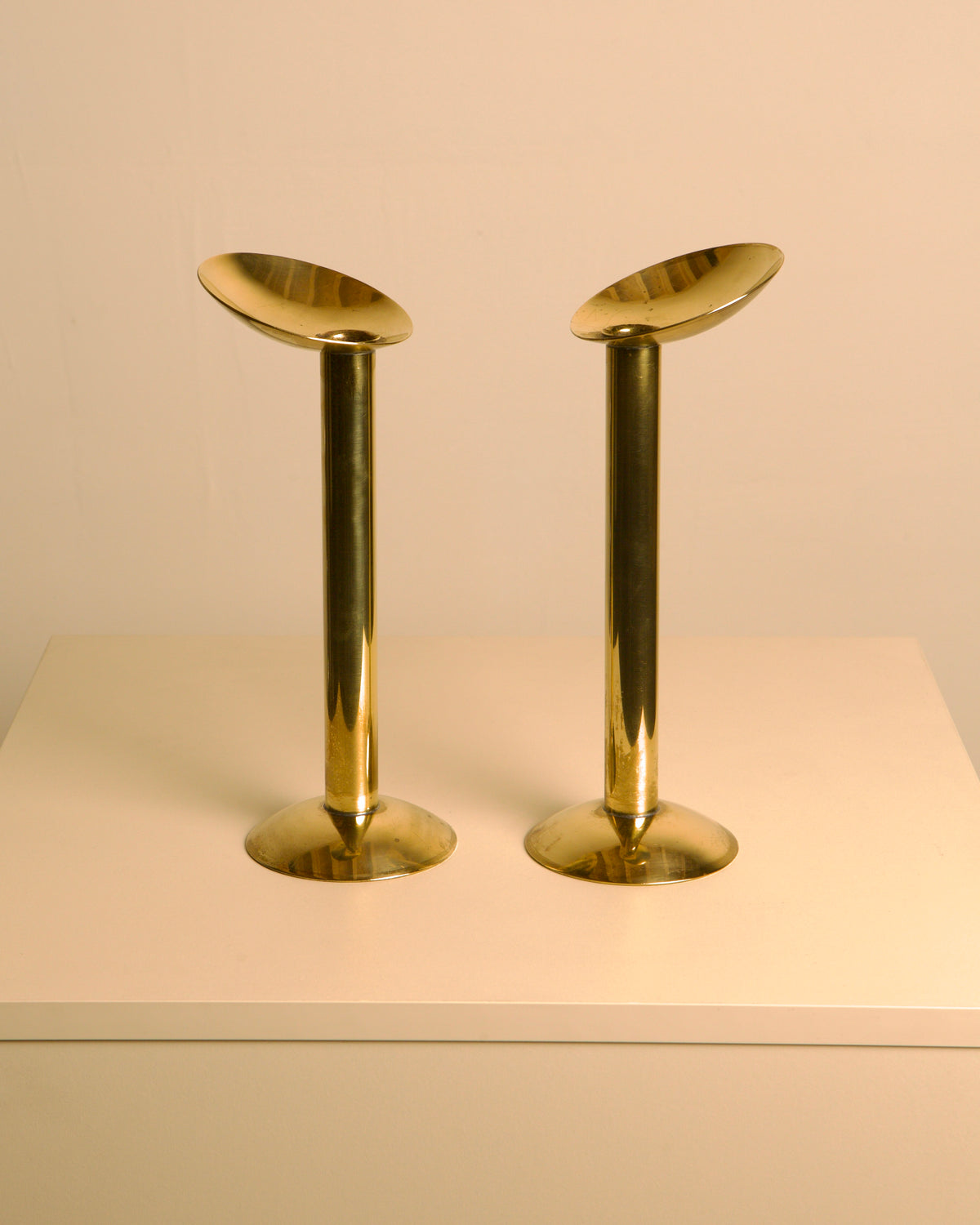Pair of Large Danish Brass Candleholders 1960s — side angle showing polished brass finish