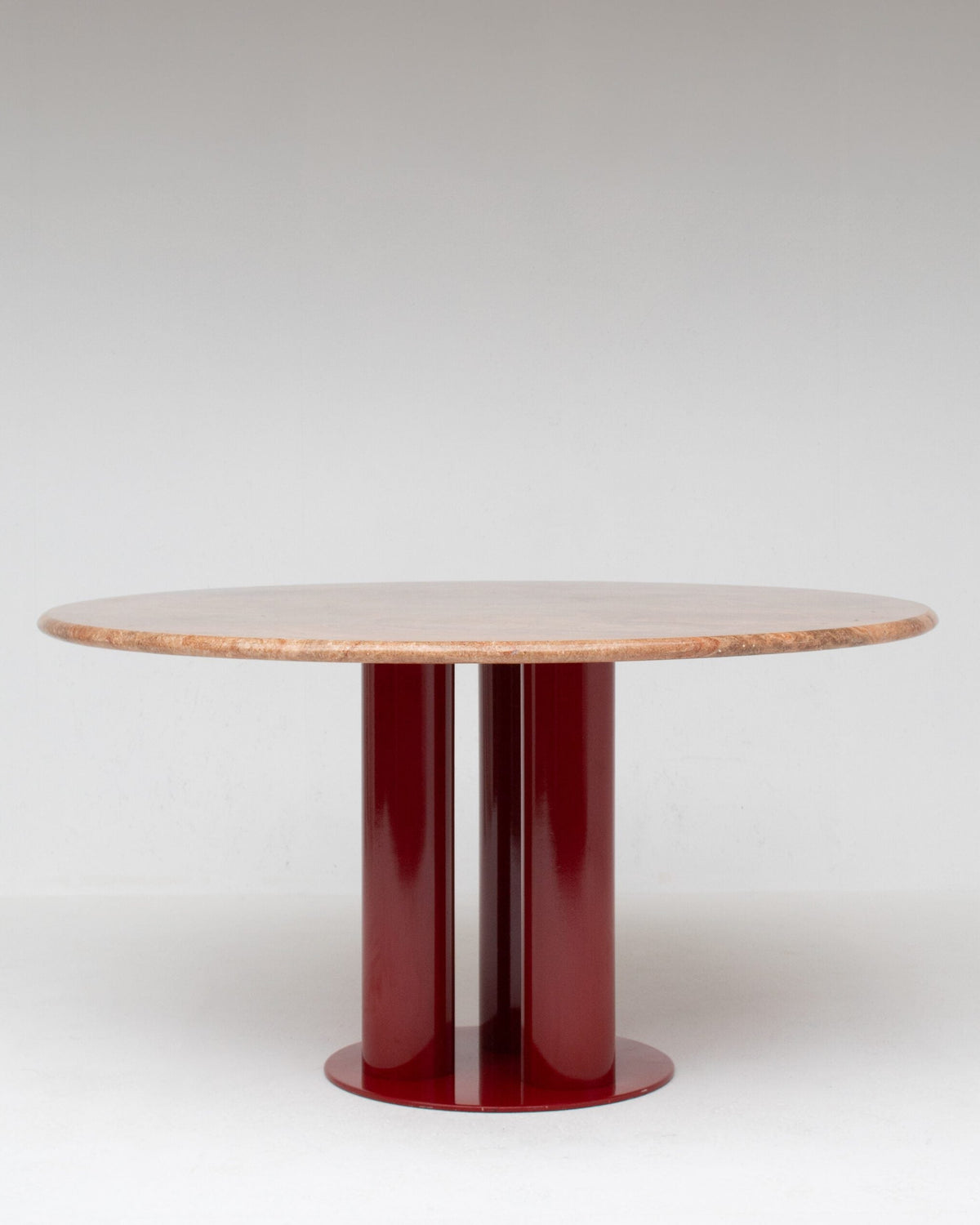 Round Marble Dining Table with Burgundy Lacquered Base — front view highlighting circular marble top and lacquered base