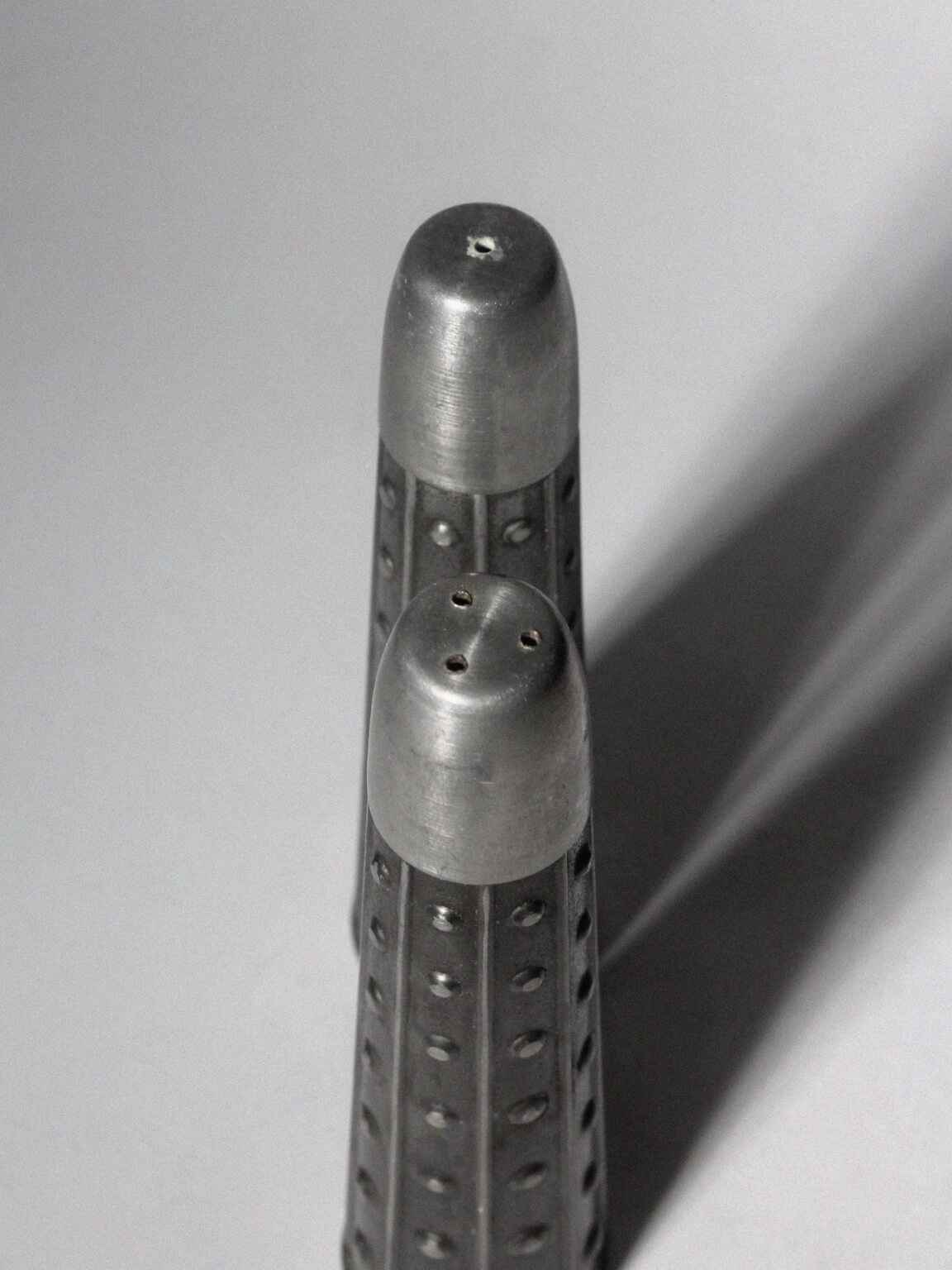 Brutalist Salt And Pepper Pewter Shakers Set, 1940s, Norway — detail view