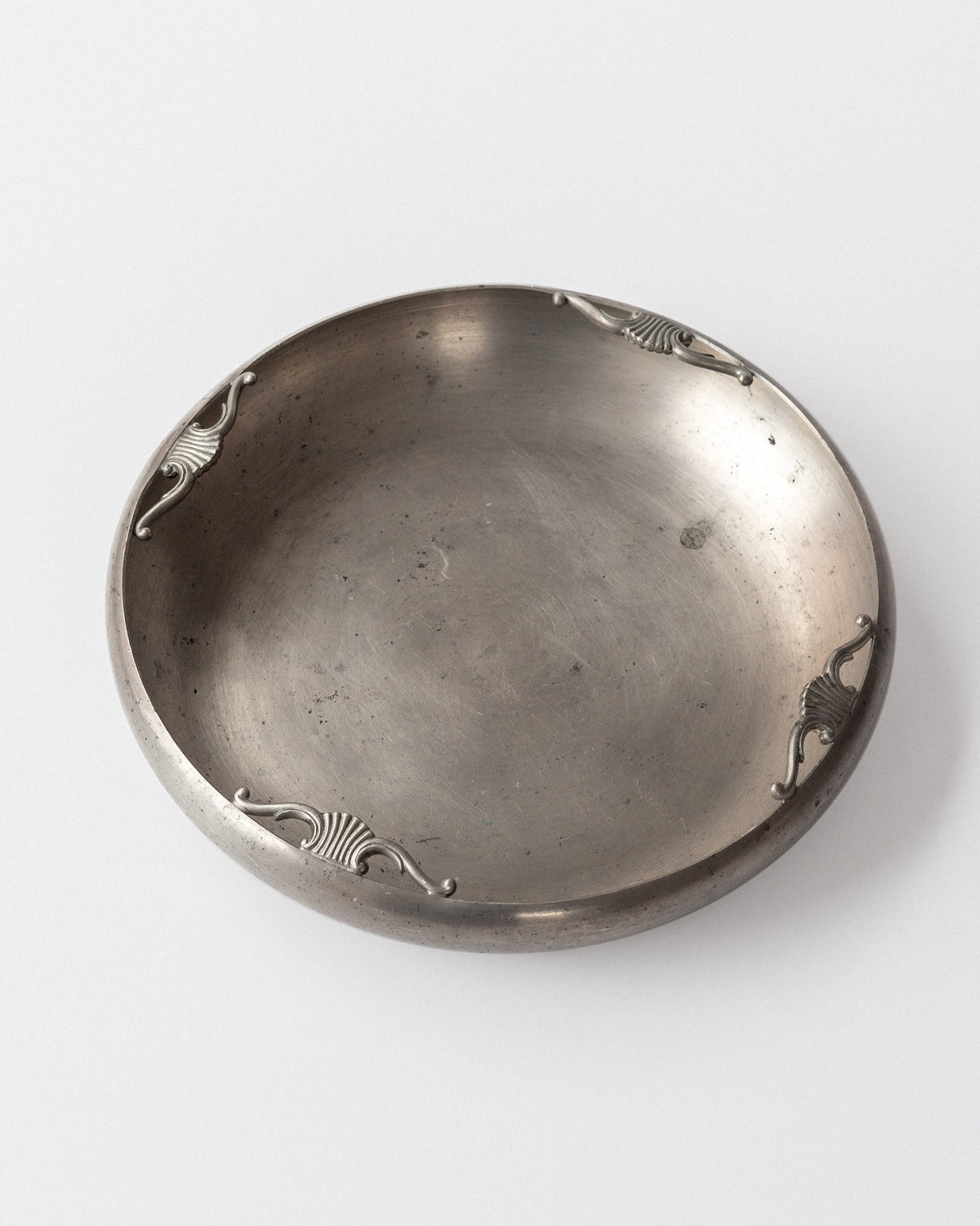 Art Deco Pewter Bowl by Sylvia Stave, Sweden, 1932 — side angle showing decorative metal accents