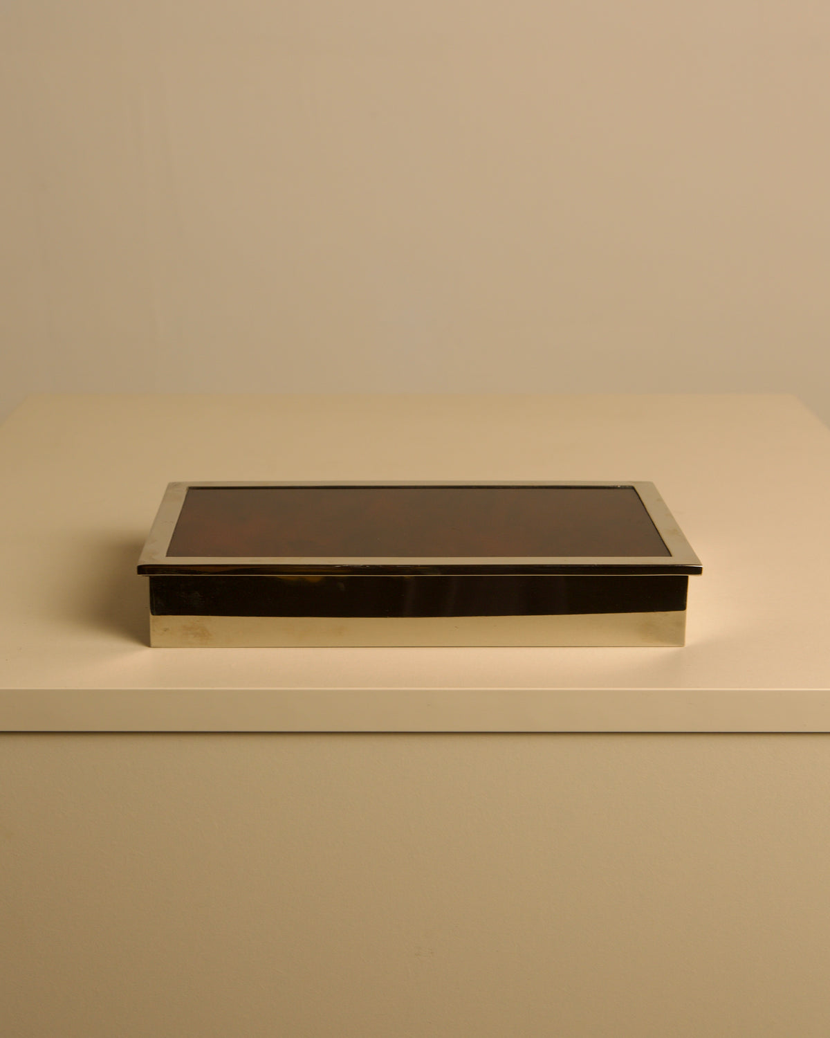 Italian rectangular box in chrome metal and faux tortoiseshell lacquer with light wood int — detail view