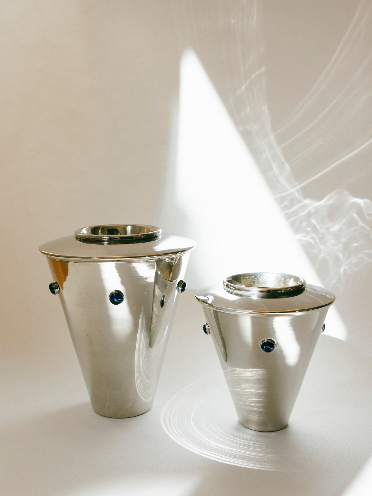 Art Deco Conical Silver Vase with Cobalt Cabochons (19cm) — side angle