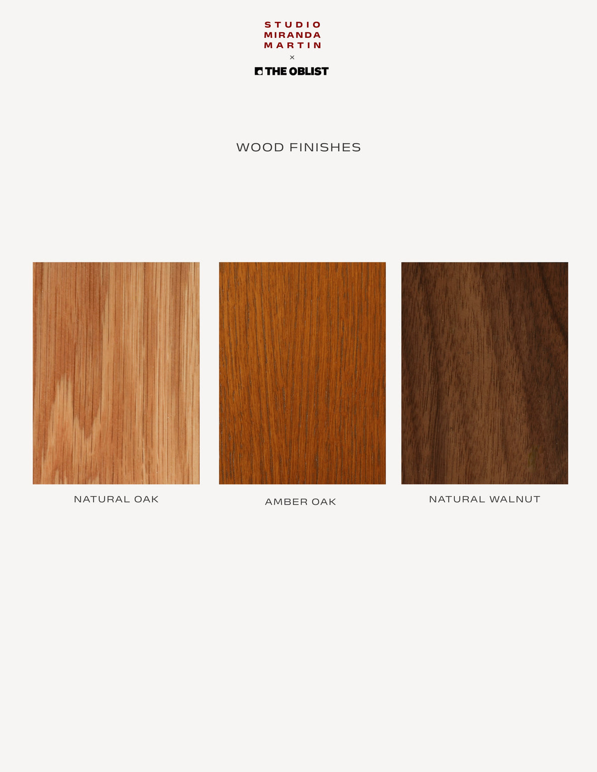 Roscoff Side Table — display of wood finish options in natural oak, amber oak, walnut