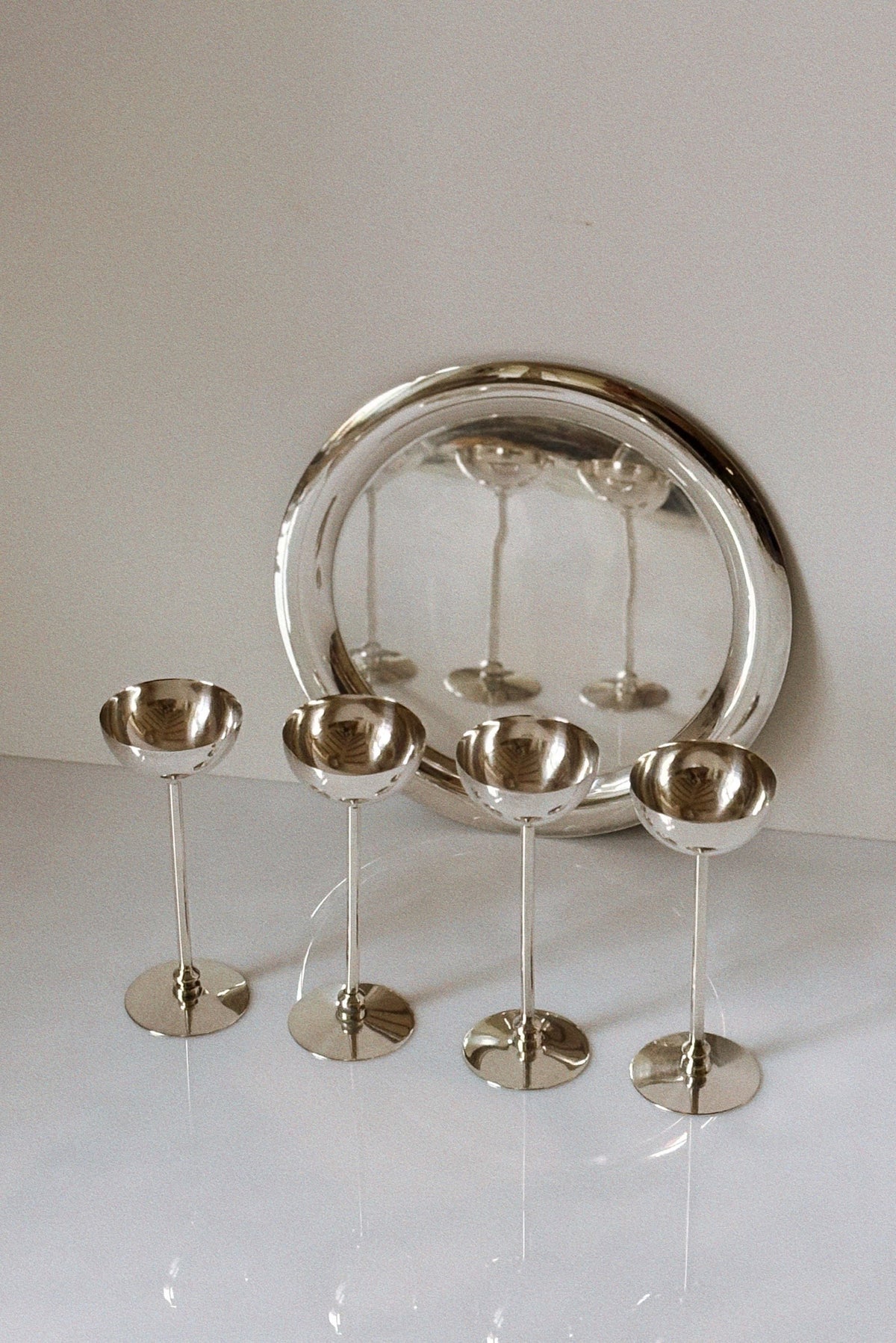 Silver plated serving tray with four champagne coupes, Polish 1970s
