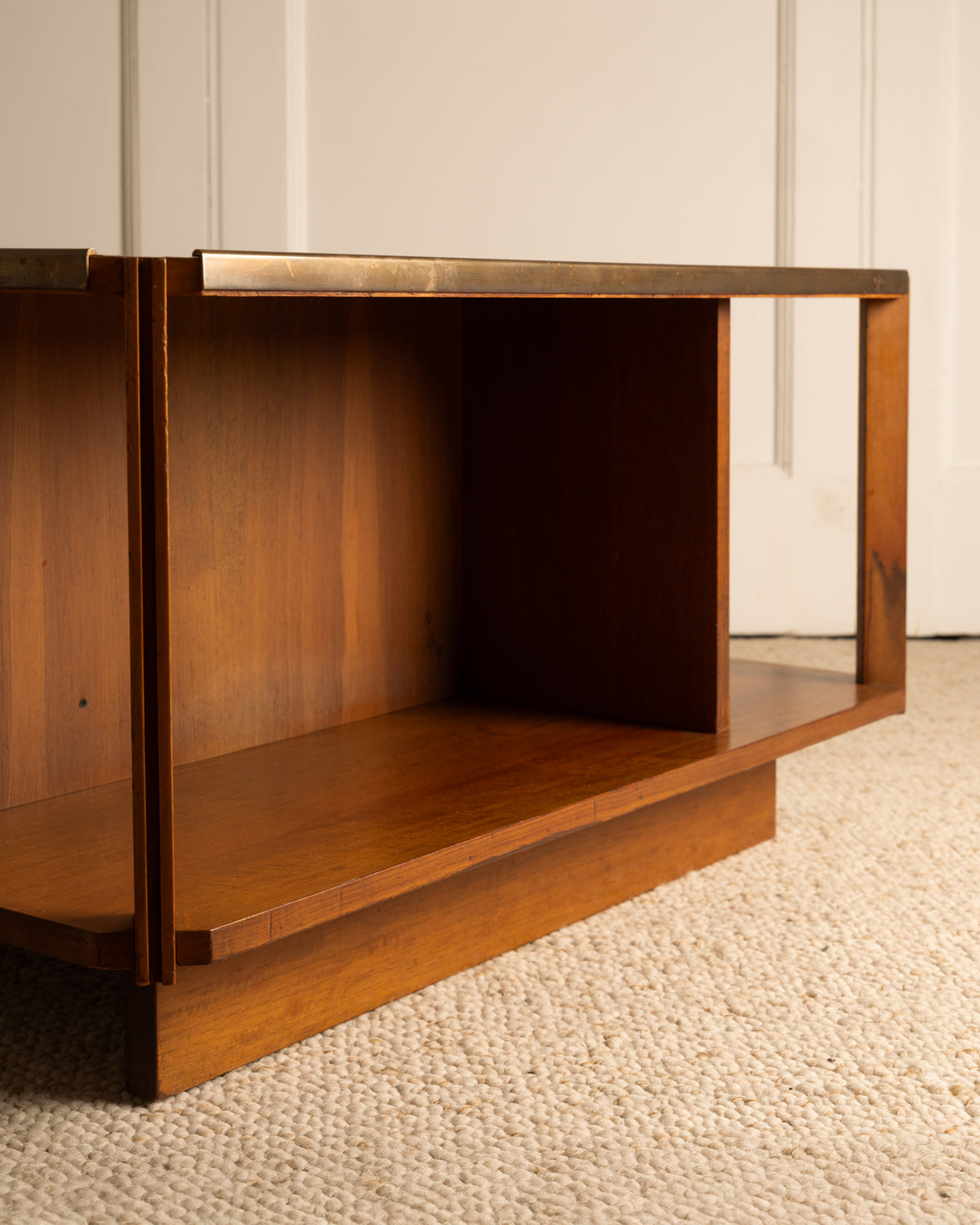 Zanuso teak coffee table detail showing open compartment and legs