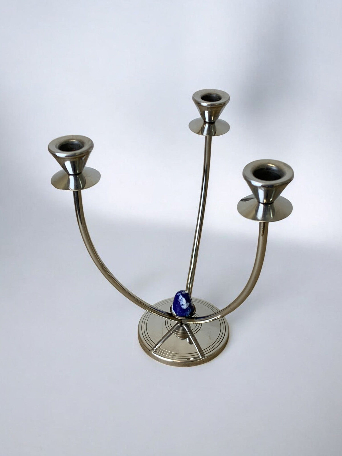 Art Deco Candleholder in Stainless Steel and Blue Stone, Spain, 1970's — angled view on white background