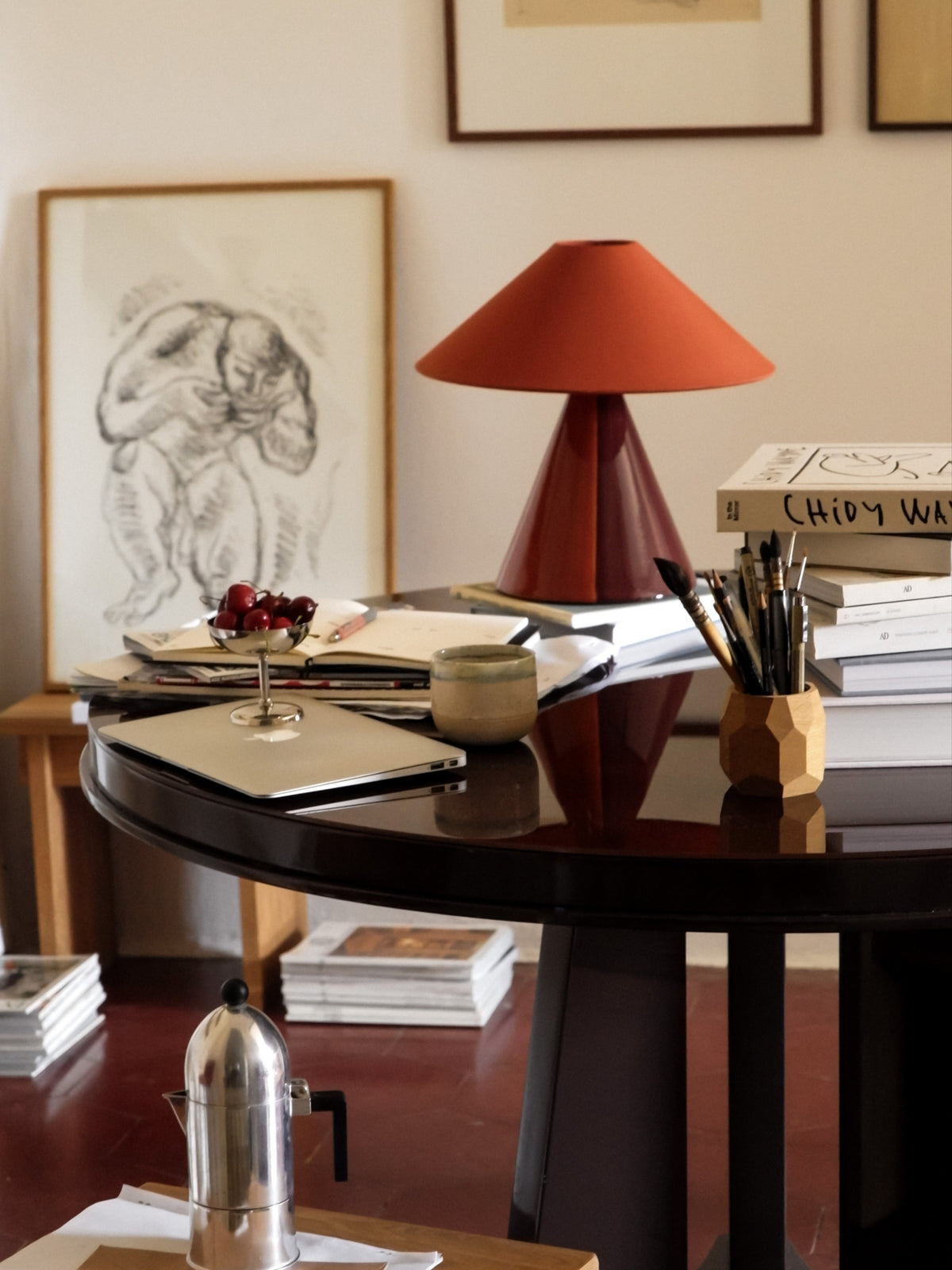 Caterina Table Lamp - Cognac - top view on cluttered desk