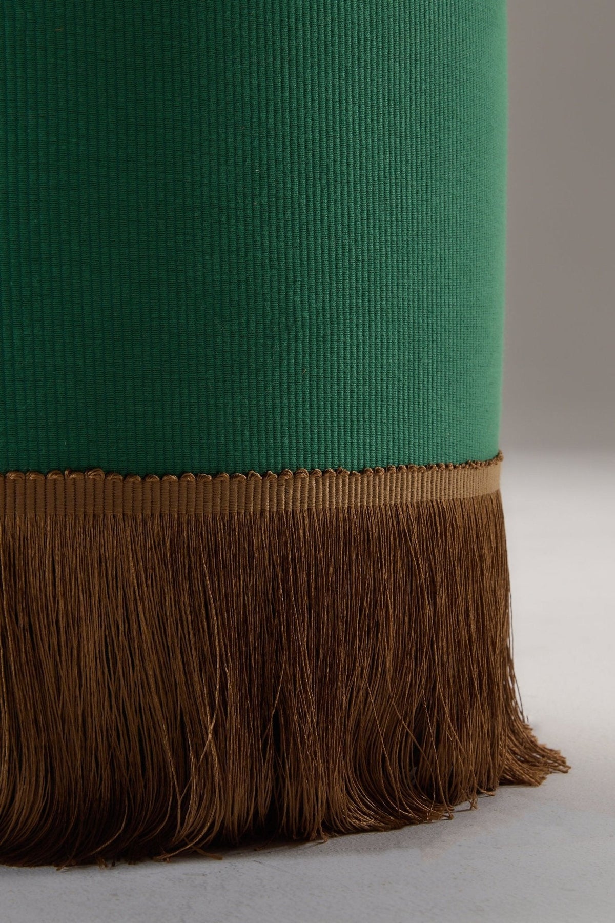 INFERI STOOL - CC'S REPP — back view highlighting green fabric and fringe detail