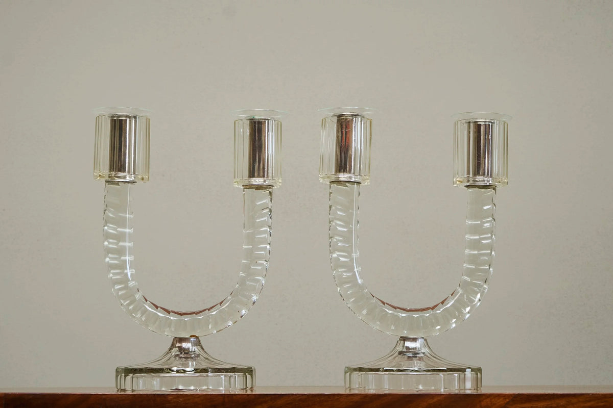 Wonderful Pair of Crystal Art Deco Candle Holders, France 1930s — alternate view