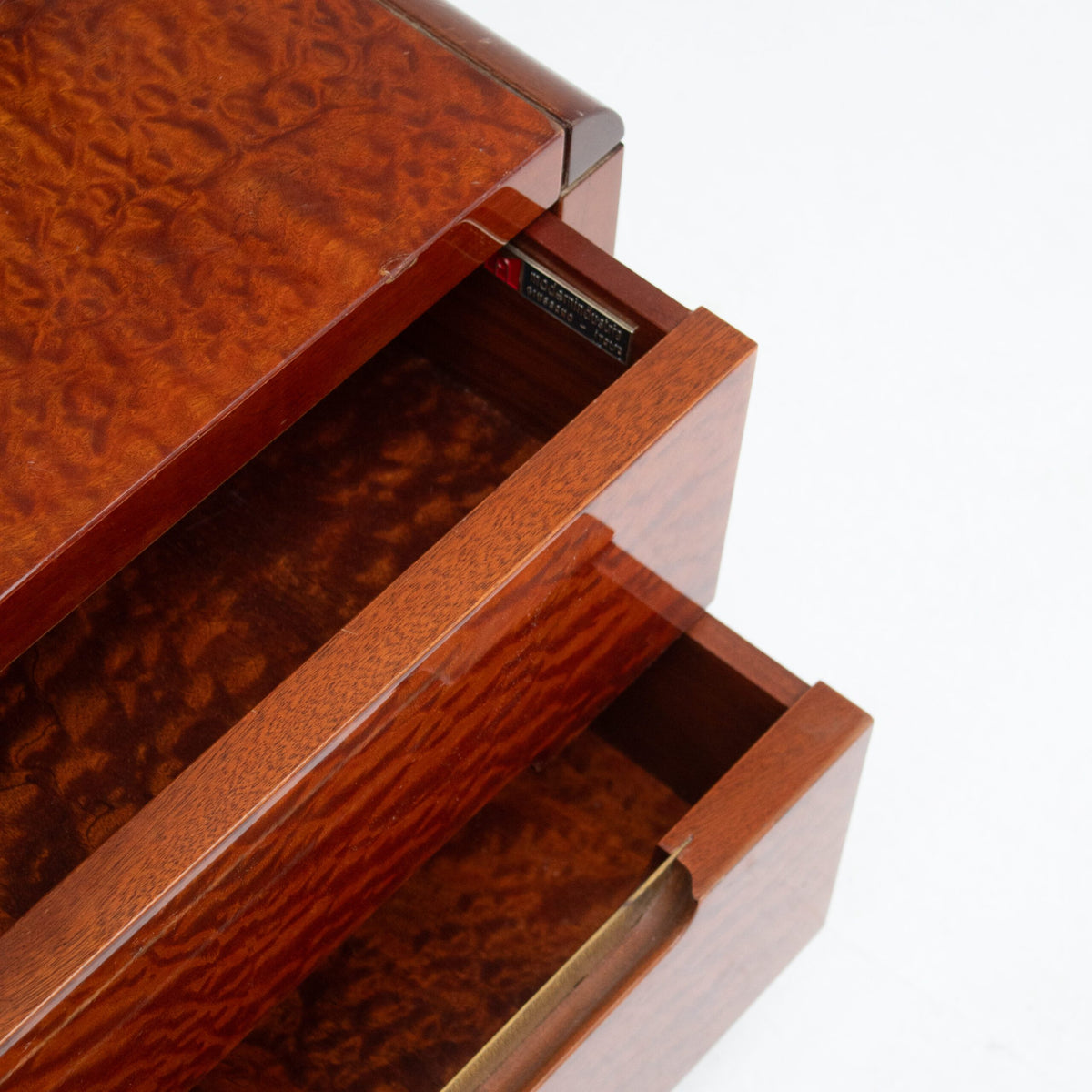 Italian Nightstands in Wood and Brass — close-up of wood grain and drawer detail