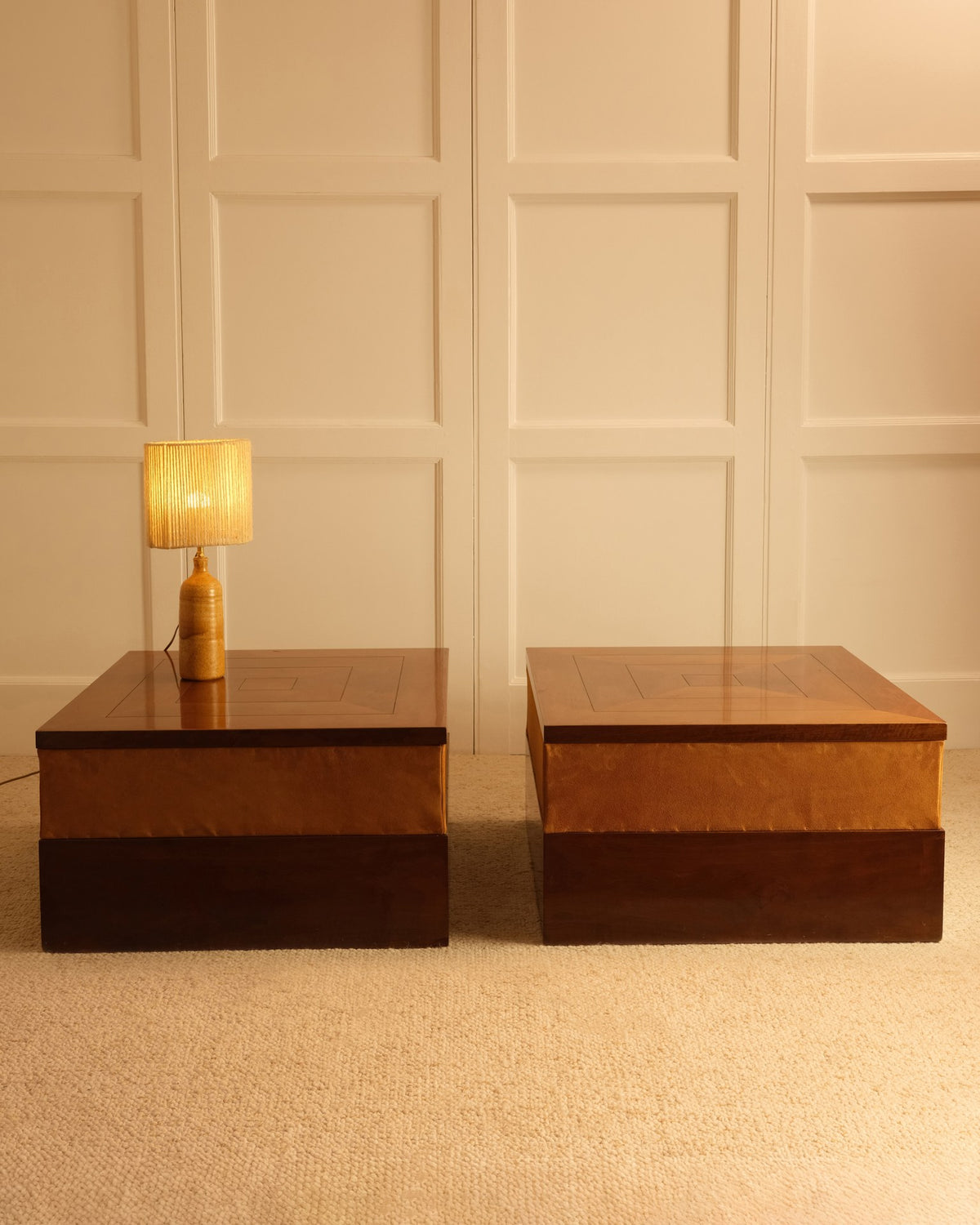 Paolo Buffa walnut coffee tables with warm table lamp styling